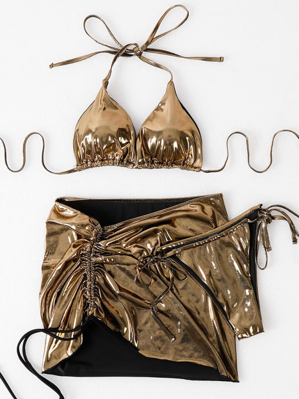 Glossy Bronzing 3-Piece Bikini Set with Skirt – Lace-Up Design