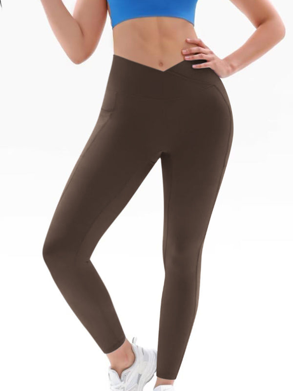 High Waist Yoga Pants with Pockets for Women Dark Brown