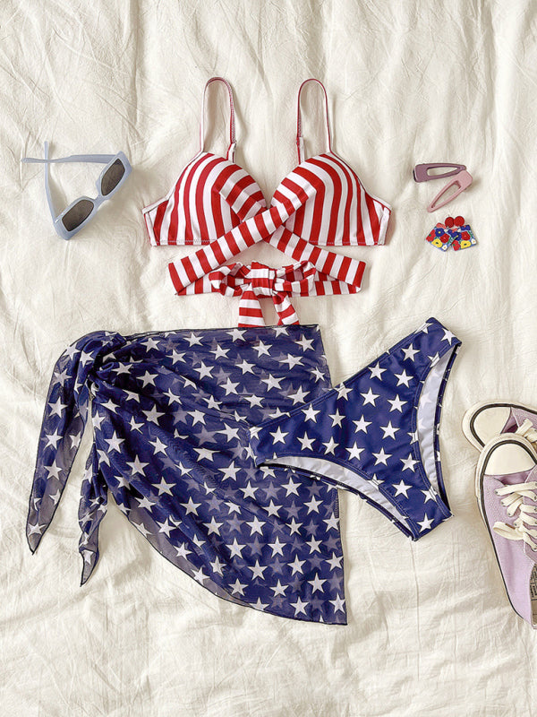 Stars & Stripes Flag Print Bikini Set – 3-Piece Patriotic Swimwear