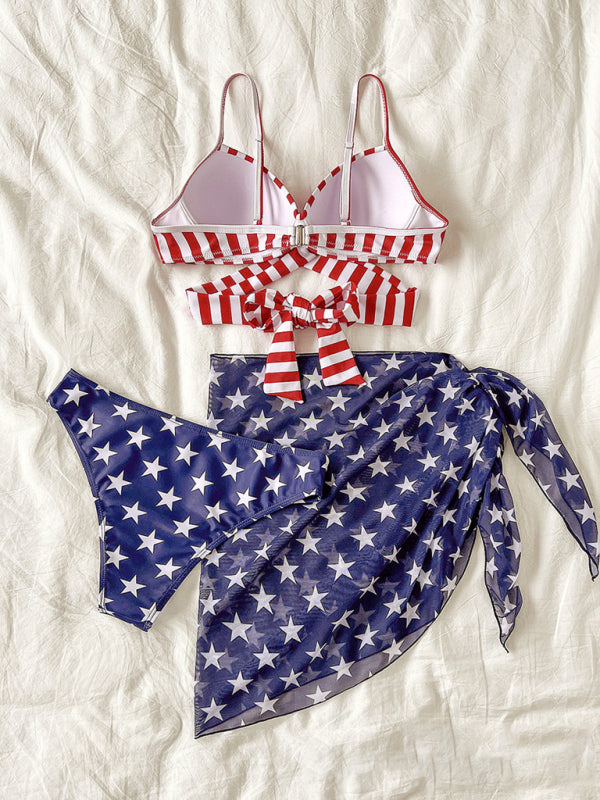 Stars & Stripes Flag Print Bikini Set – 3-Piece Patriotic Swimwear