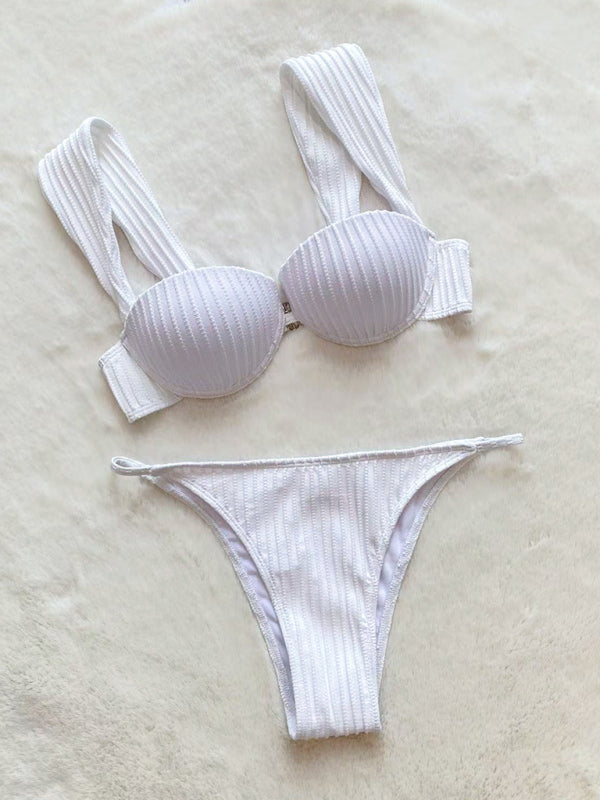 White Suspender Two-Piece Bikini – Sexy Knit Style with Light Support