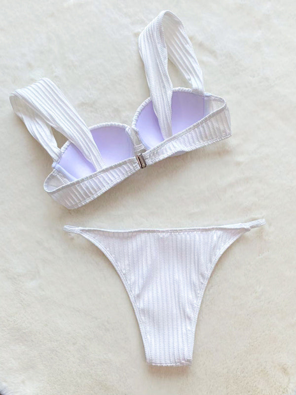 White Suspender Two-Piece Bikini – Sexy Knit Style with Light Support