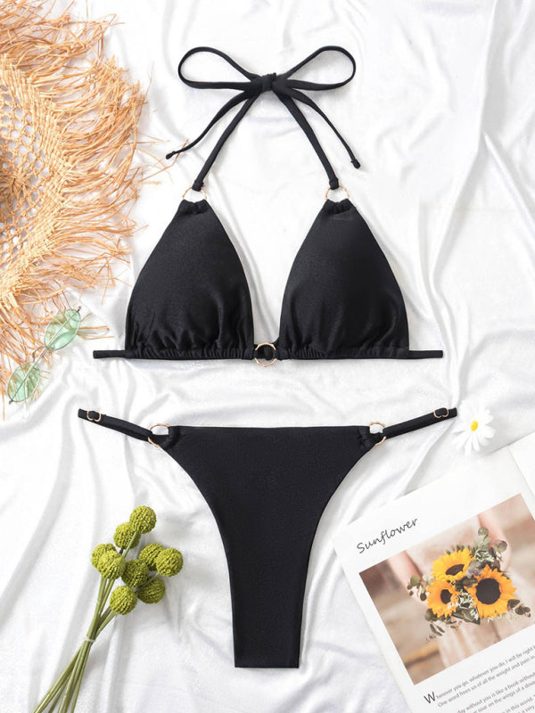 Sexy Two-Piece Bikini with Metal Ring & Adjustable Straps – Sleek Fit
