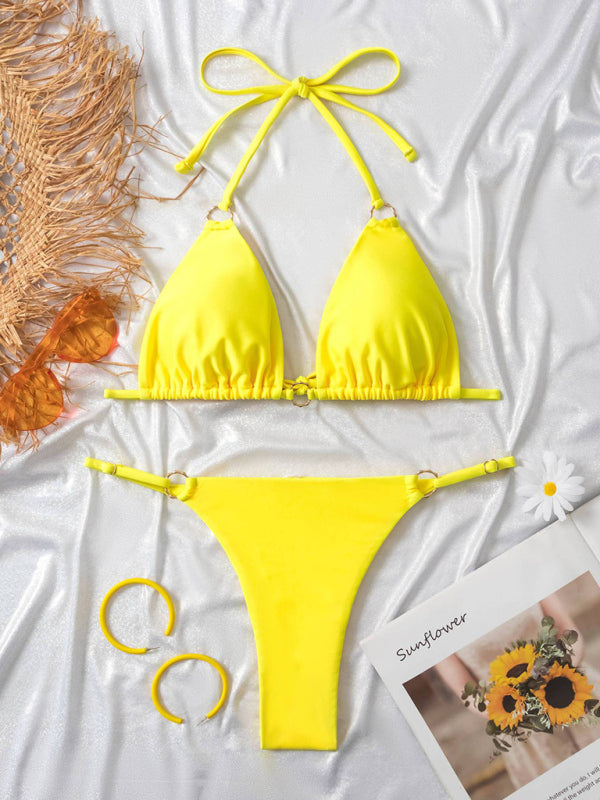Sexy Two-Piece Bikini with Metal Ring & Adjustable Straps – Sleek Fit