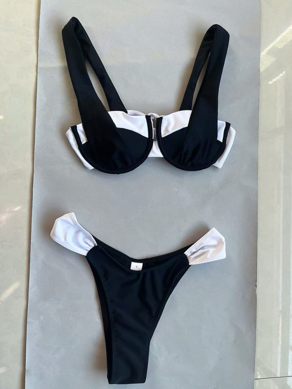 Black & White Two-Piece Bikini – Strappy Top with High-Waist Bottom