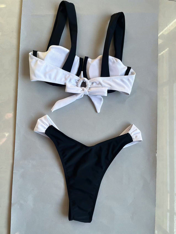 Black & White Two-Piece Bikini – Strappy Top with High-Waist Bottom