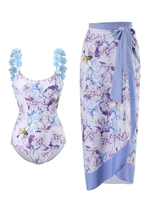 Floral Print One-Piece Swimsuit – Sexy Knit Design with Slight Stretch