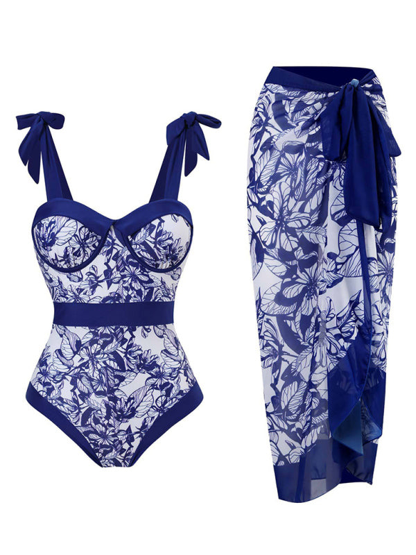 Floral Print One-Piece Swimsuit – Sexy Knit Design with Slight Stretch