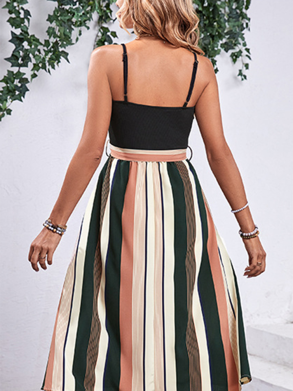 Striped Patchwork Suspender Midi Dress – Woven Sleeveless Spring Style