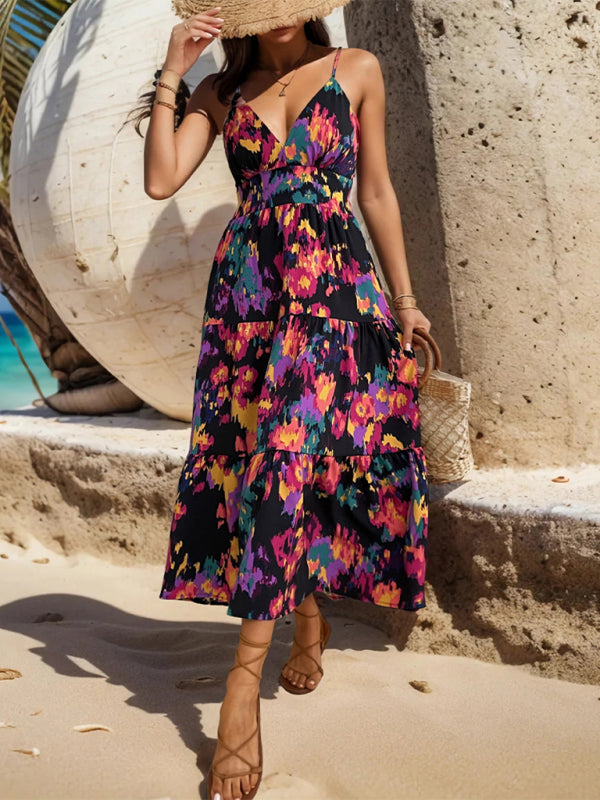 Printed A-Line Backless Maxi Dress – Slit Hem & Suspender Straps