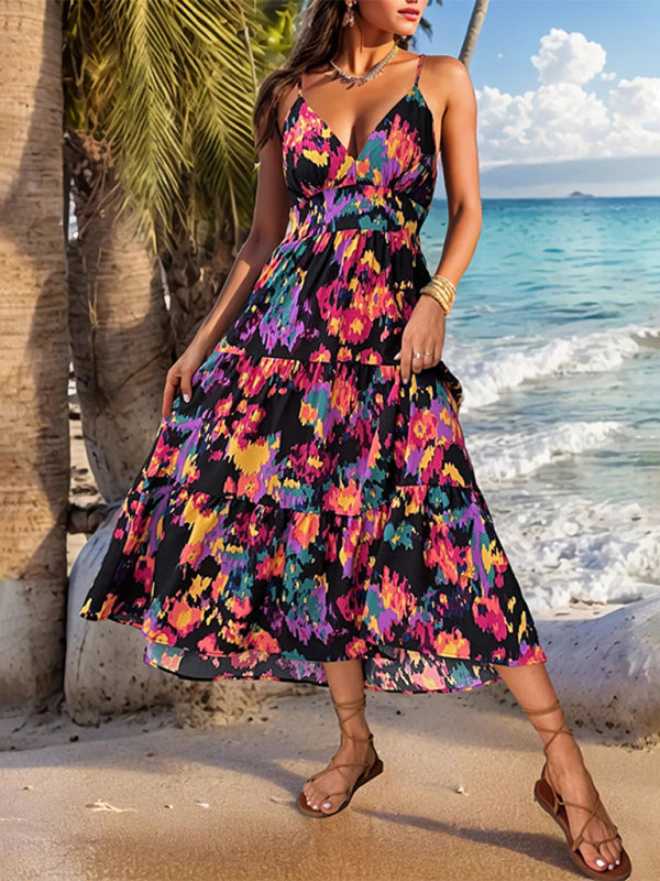 Printed A-Line Backless Maxi Dress – Slit Hem & Suspender Straps