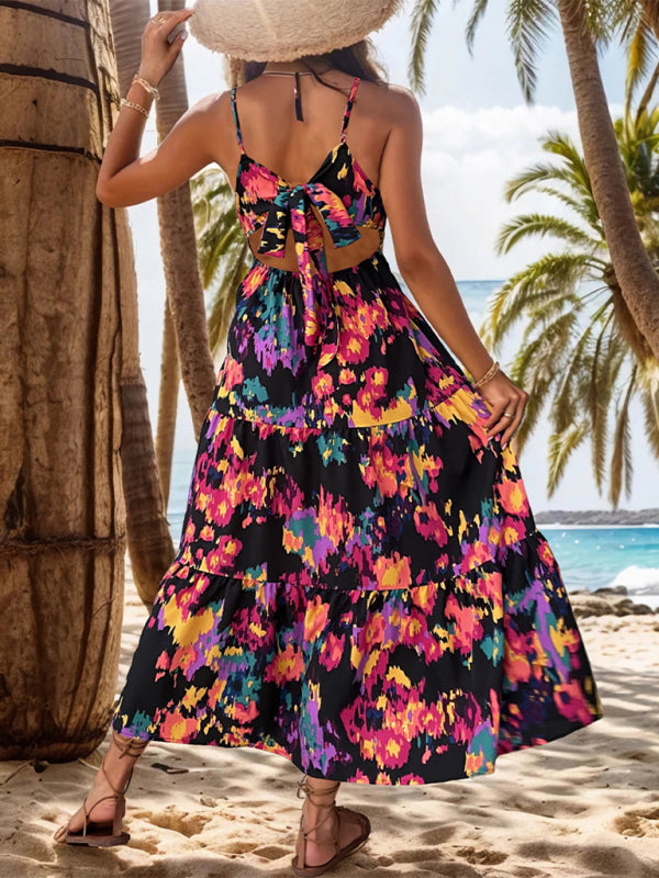 Printed A-Line Backless Maxi Dress – Slit Hem & Suspender Straps