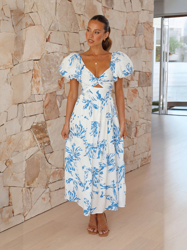 Slim Fit Floral Puff Sleeve Swing Dress – Lightweight & Boho Chic