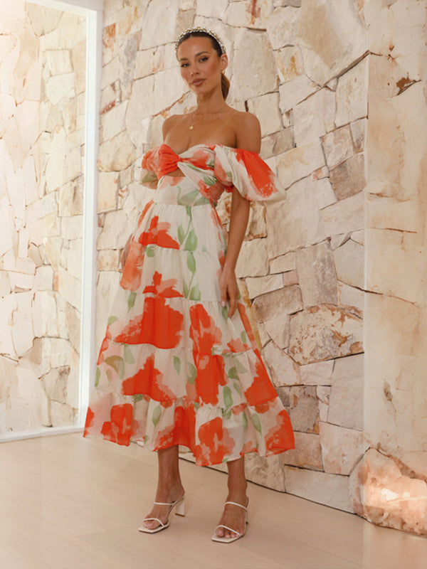 Slim Fit Floral Puff Sleeve Swing Dress – Lightweight & Boho Chic