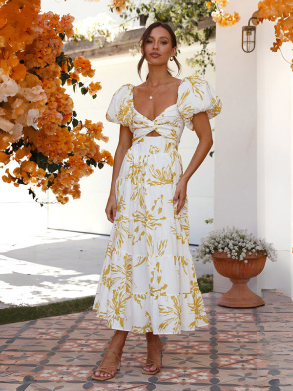 Slim Fit Floral Puff Sleeve Swing Dress – Lightweight & Boho Chic