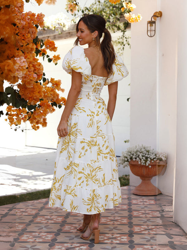 Slim Fit Floral Puff Sleeve Swing Dress – Lightweight & Boho Chic