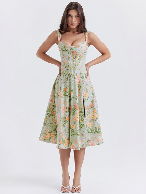 Floral Slit Maxi Dress – Slim Fit, Boho Style with Spaghetti Straps