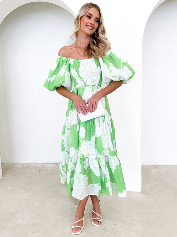 One Shoulder Puff Sleeve Printed Dress