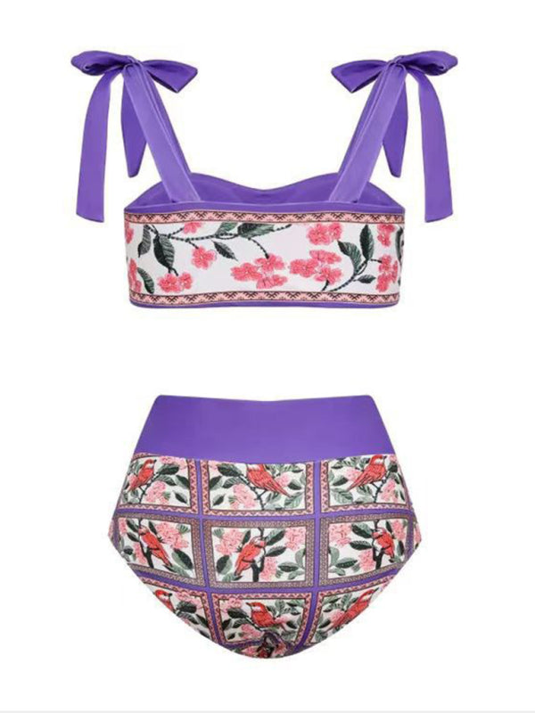 Colorblock Printed 3-Piece Swimsuit Set – High Elasticity & Beach Cover-Up