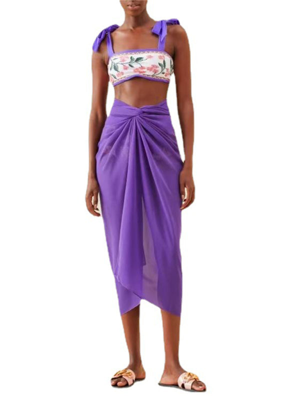 Colorblock Printed 3-Piece Swimsuit Set – High Elasticity & Beach Cover-Up