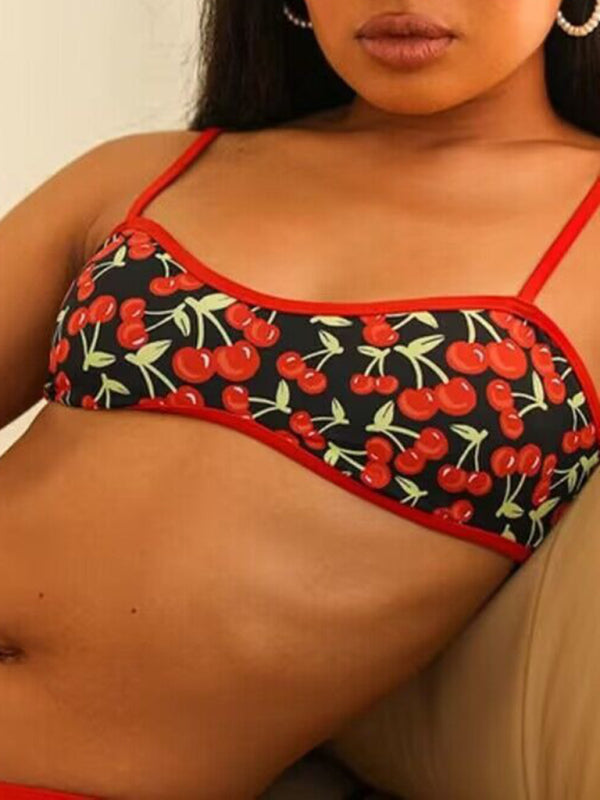 Cherry Print Bandeau Bikini – Cute Fruit Pattern, Moderate Stretch, Summer-Ready