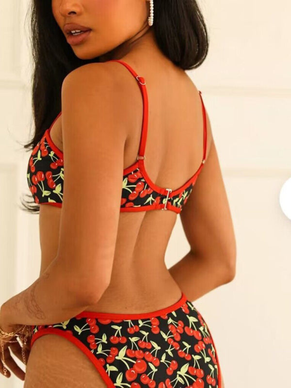 Cherry Print Bandeau Bikini – Cute Fruit Pattern, Moderate Stretch, Summer-Ready