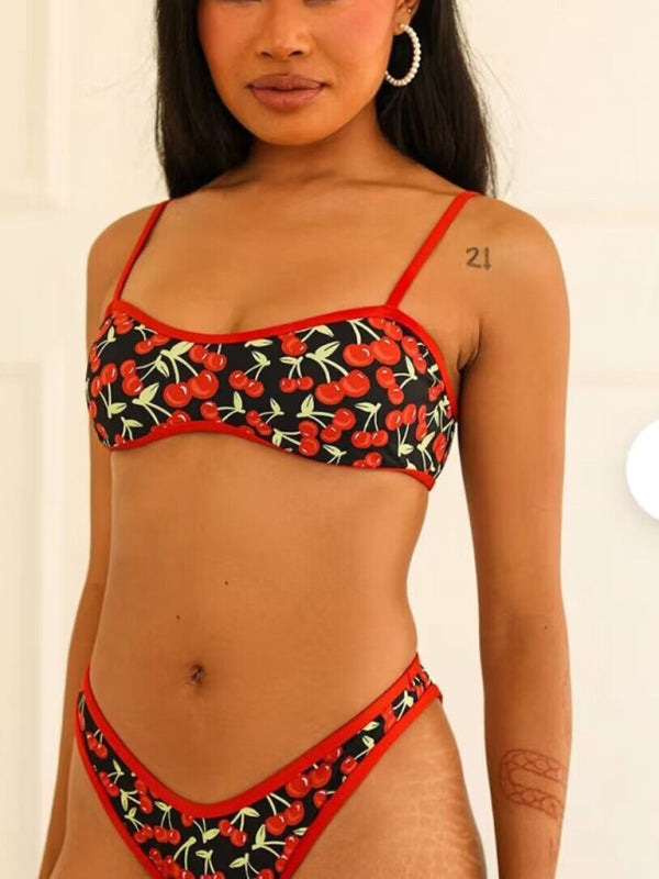 Cherry Print Bandeau Bikini – Cute Fruit Pattern, Moderate Stretch, Summer-Ready