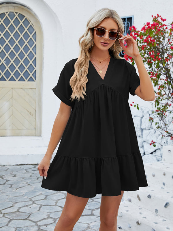 V-Neck Pleated Midi Dress – Short Sleeves & Flowy Fit for Everyday Style