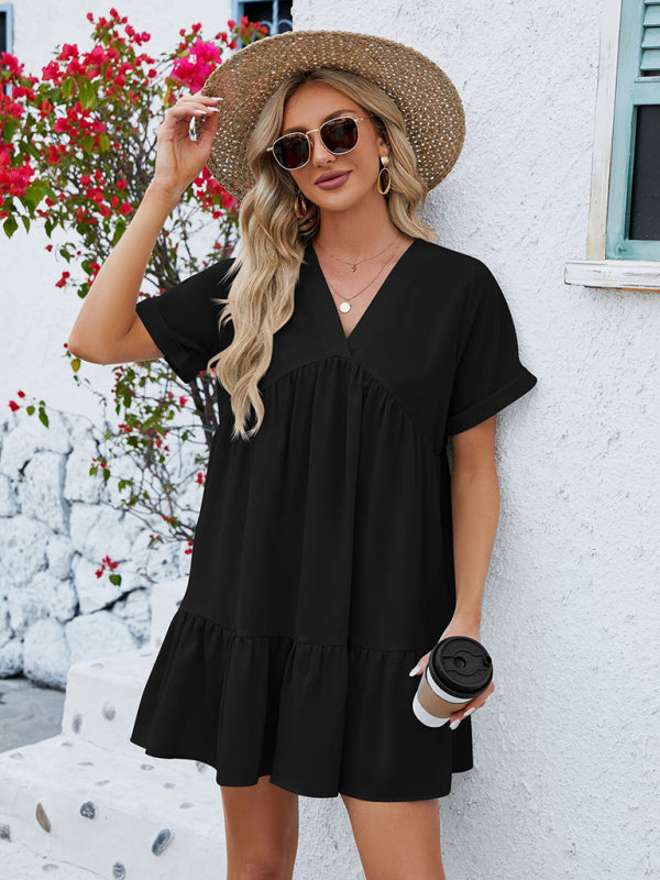 V-Neck Pleated Midi Dress – Short Sleeves & Flowy Fit for Everyday Style