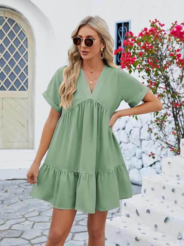 V-Neck Pleated Midi Dress – Short Sleeves & Flowy Fit for Everyday Style