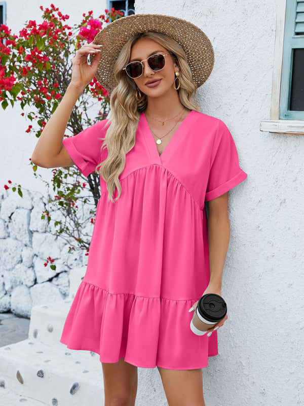 V-Neck Pleated Midi Dress – Short Sleeves & Flowy Fit for Everyday Style