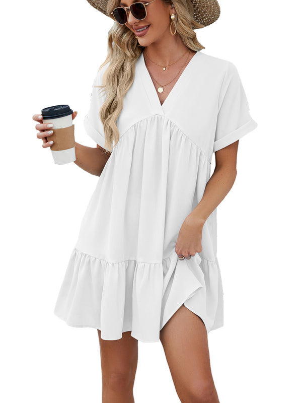 V-Neck Pleated Midi Dress – Short Sleeves & Flowy Fit for Everyday Style