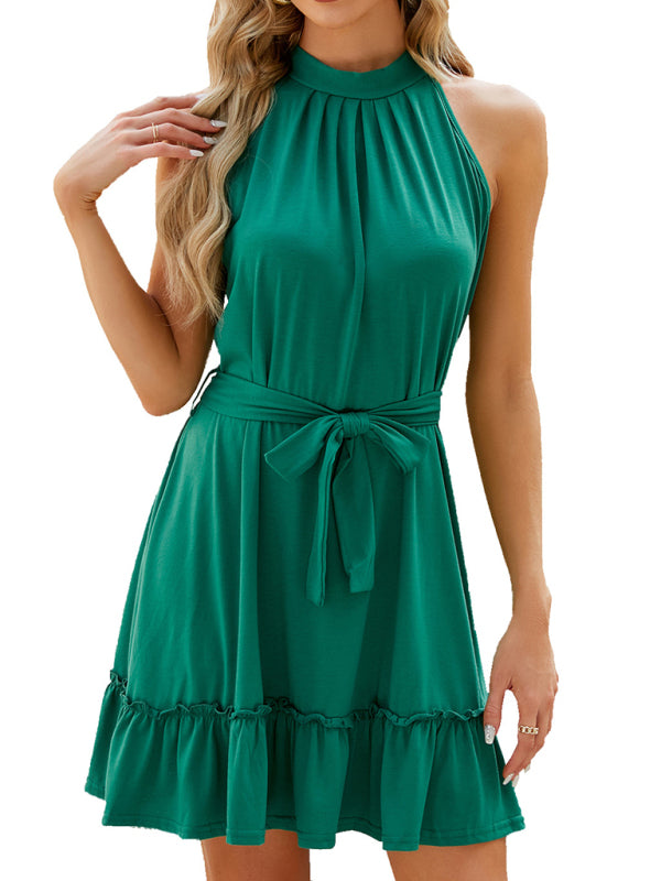 Pleated Sleeveless Halter Neck Midi Dress – Solid Color, Elegant Summer Style