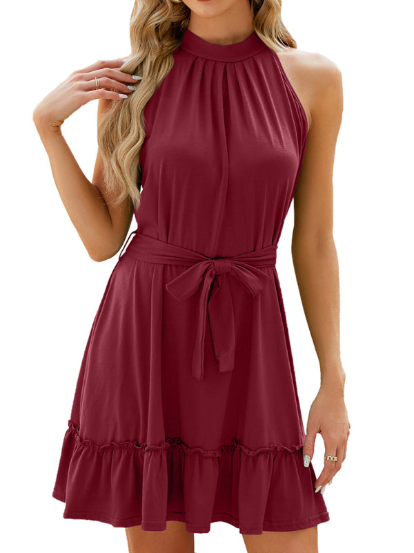 Pleated Sleeveless Halter Neck Midi Dress – Solid Color, Elegant Summer Style