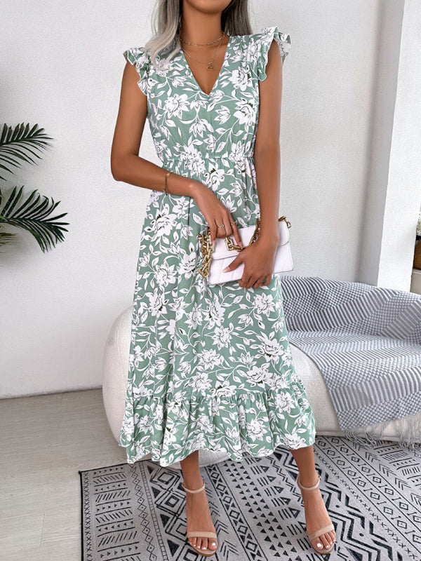 Sleeveless V-Neck Floral Dress with Waistband – Casual Midi Holiday Style