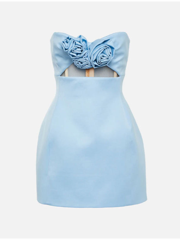 3D Floral Tube Top Mini Dress – Solid Color