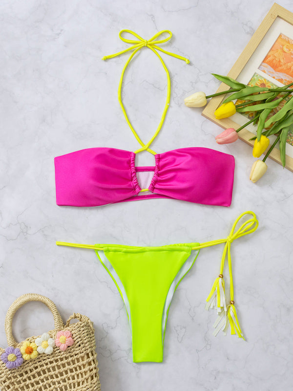 Patchwork High-Elastic Bikini Set – Sexy Split Two-Piece in Rose
