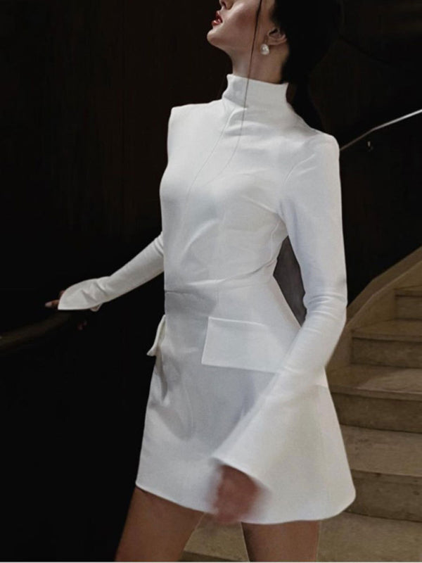 Chic Half Turtleneck Bodycon Mini Dress – Slit Sleeves & Slim Fit
