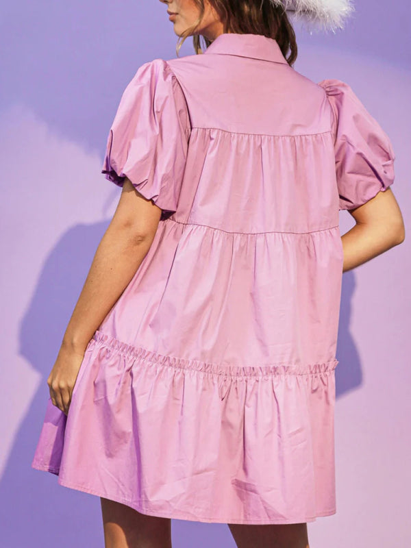 Damen Crown Pailletten-Hemdkleid mit Puffärmeln – Eleganter Frühling-Sommer-Stil