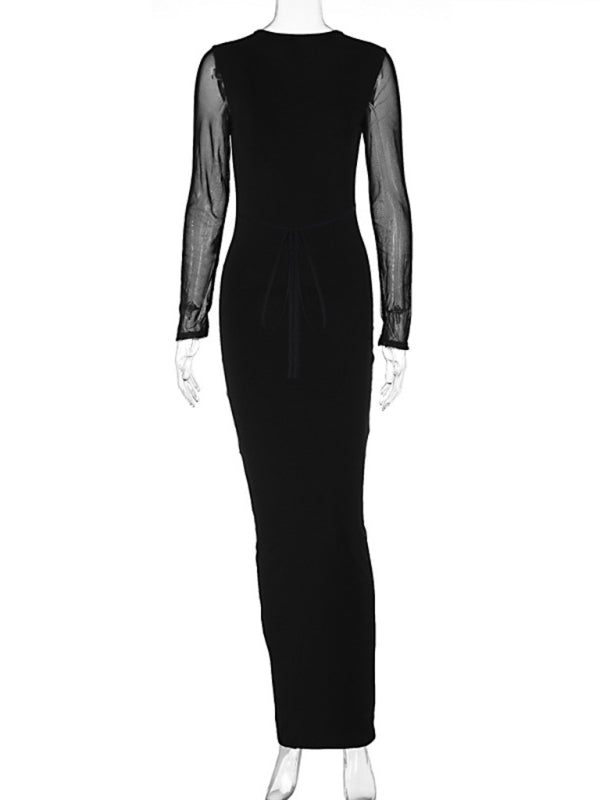Mesh Long Sleeve Deep V-Neck Bodycon Dress
