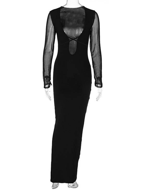 Mesh Long Sleeve Deep V-Neck Bodycon Dress