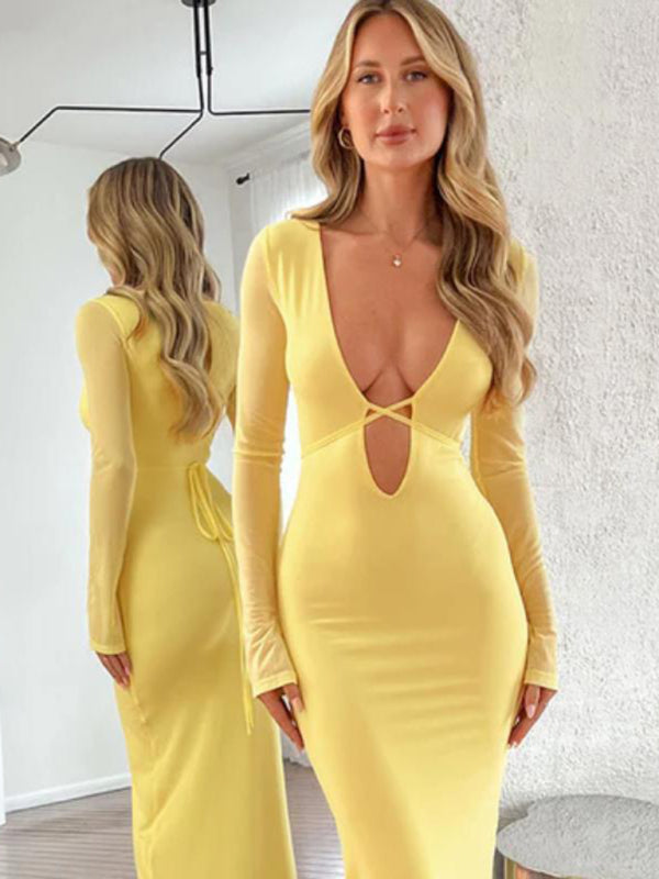 Mesh Long Sleeve Deep V-Neck Bodycon Dress