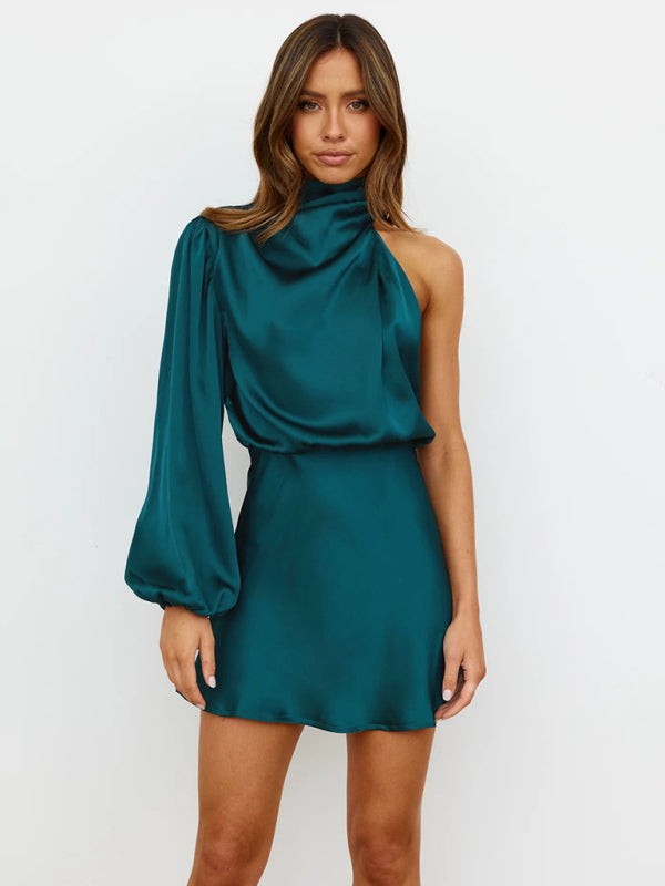 One-Shoulder Long Sleeve Mini Dress – Elegant Asymmetric Waist-Cinched Fit