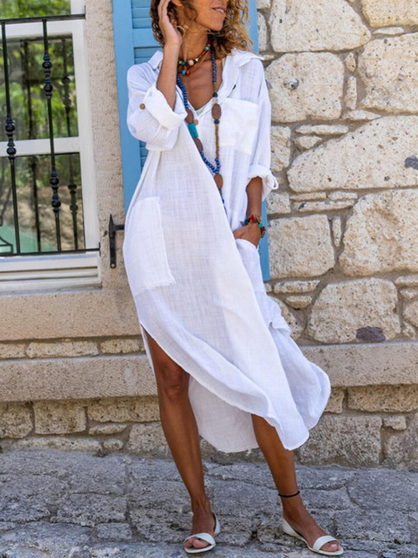 Solid Color Long Shirt Dress – Loose Fit, Button-Down, Side Slits & Pockets