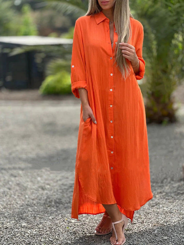 Long Sleeve Lapel Cotton Cardigan Dress – Casual Shirt Style Maxi for Women