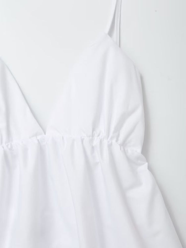 White Cotton Backless Maxi Dress – V-Neck Lightweight Summer Resortwear