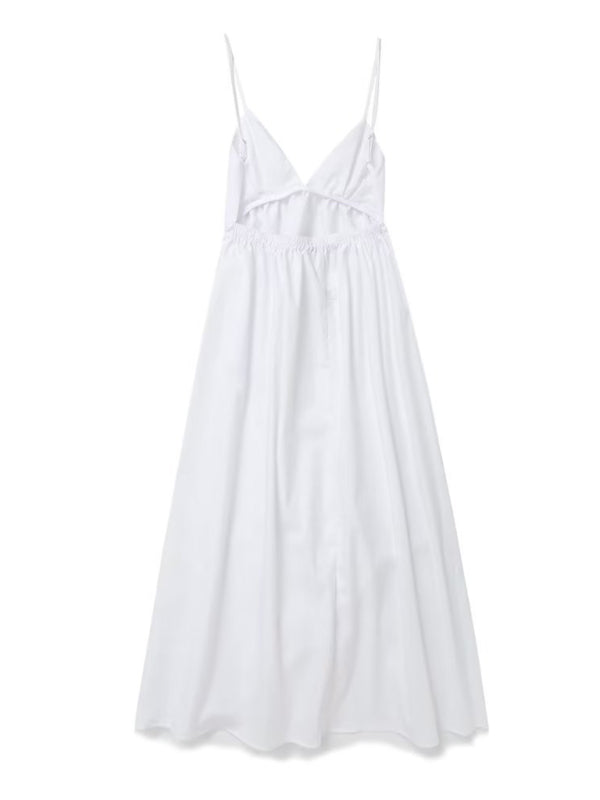 White Cotton Backless Maxi Dress – V-Neck Lightweight Summer Resortwear