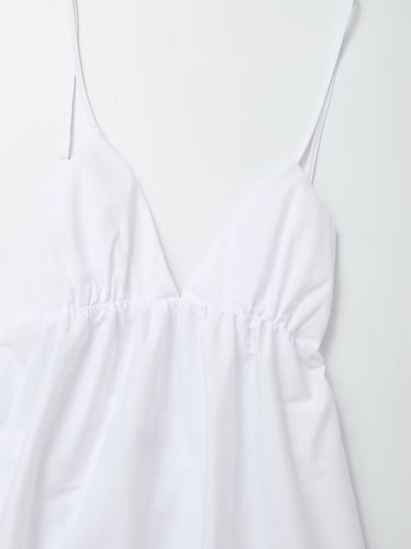 White Cotton Backless Maxi Dress – V-Neck Lightweight Summer Resortwear