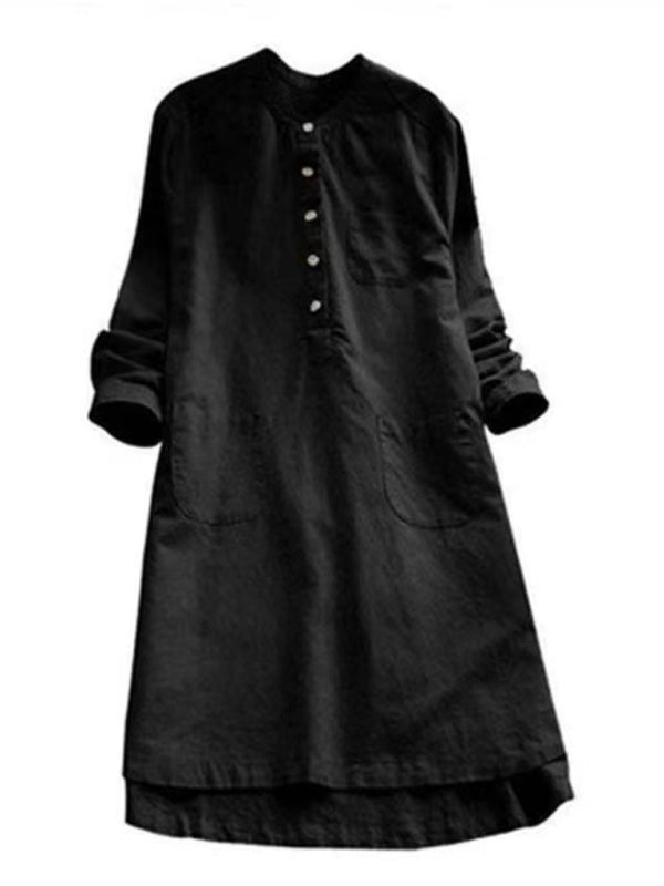 Solid Henley Collar Long Sleeve Midi Shirt Dress – Cotton Linen Blend
