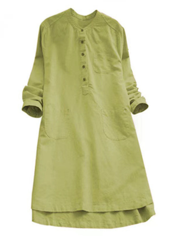 Solid Henley Collar Long Sleeve Midi Shirt Dress – Cotton Linen Blend